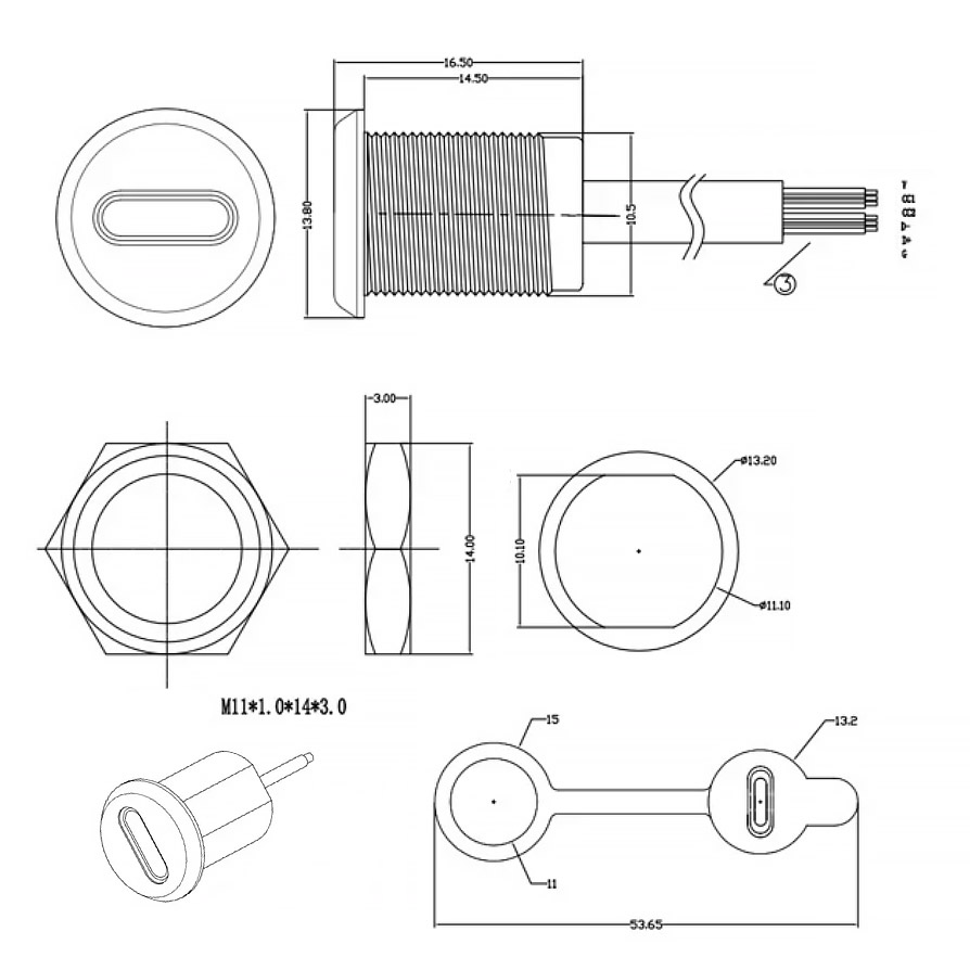 Роз'єм USB Type-C гніздо на панель 6P з заглушкой