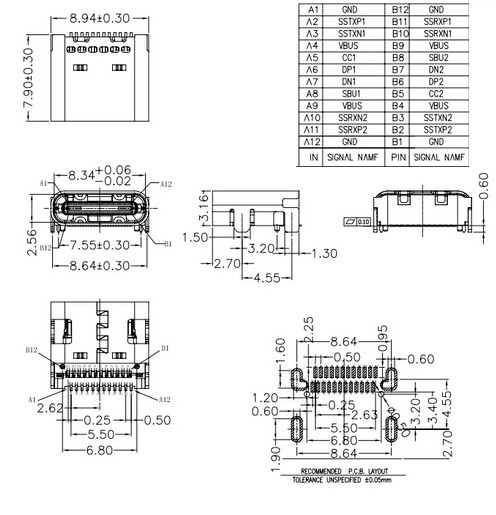 Роз'єм USB Type-C гніздо на плату 24P SMT-DIP
