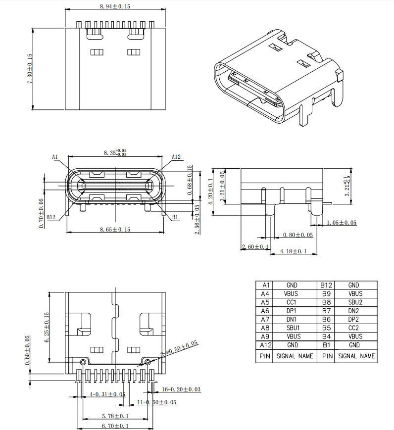 Роз'єм USB Type-C гніздо на плату 16P SMT-DIP