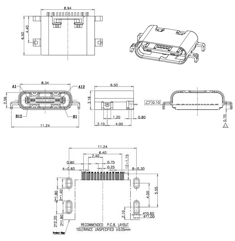 Роз'єм USB Type-C гніздо 16P SMT посадка 0.8 мм.