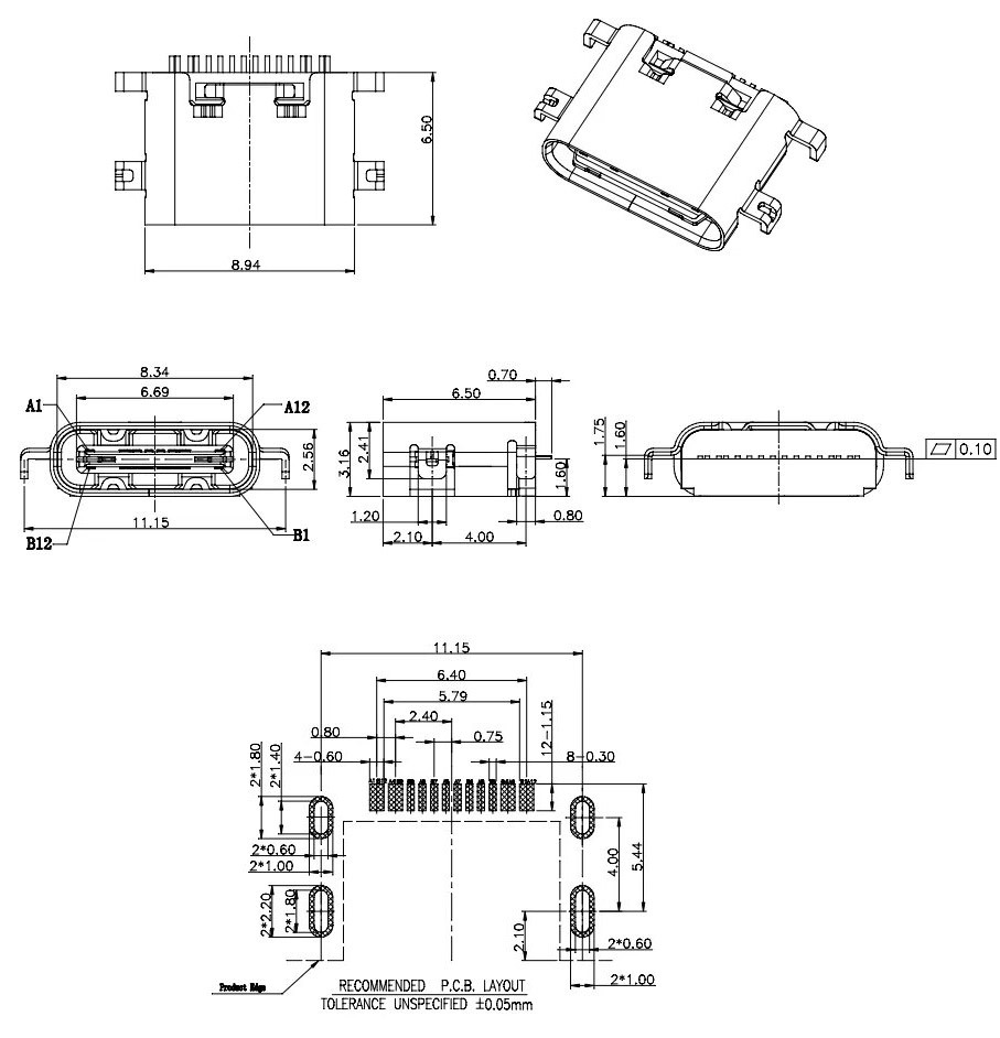 Роз'єм USB Type-C гніздо 16P SMT посадка 1.6 мм.