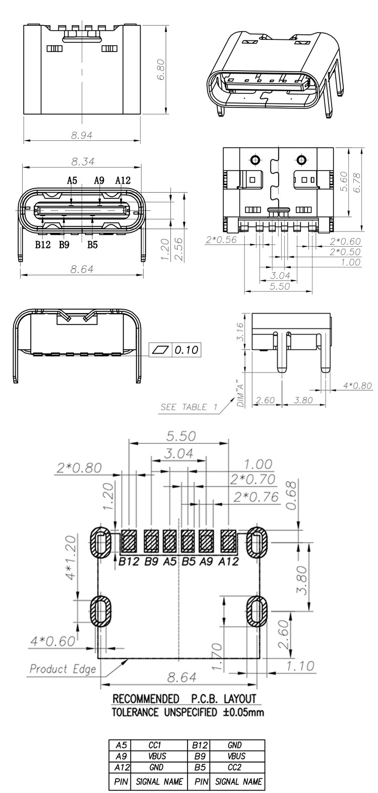 Роз'єм USB Type-C гніздо на плату 6P SMT-DIP