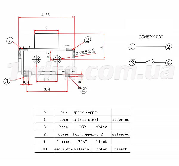 Кнопка тактова кутова SMD 2x4x3.5 мм. 2