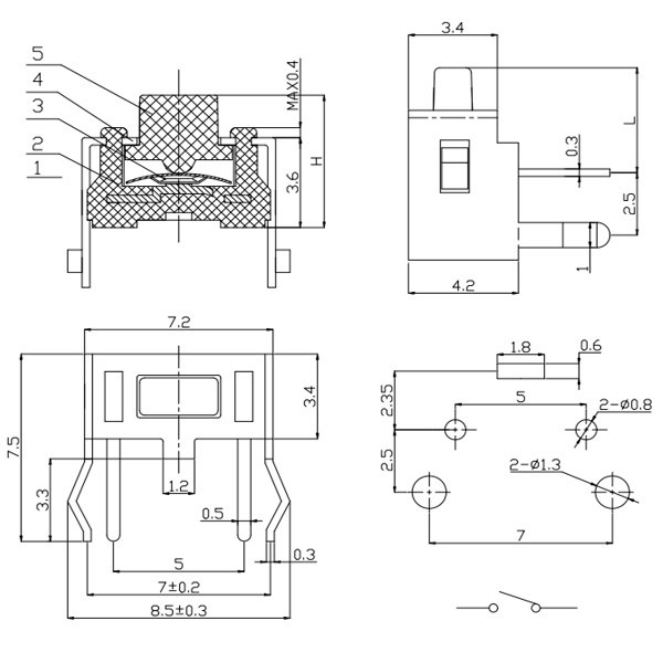 Кнопка тактова кутова 3x6x5 мм.