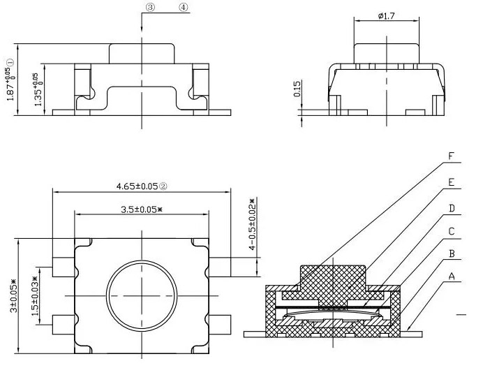 Кнопка тактова SMD 3x4x2H мм.