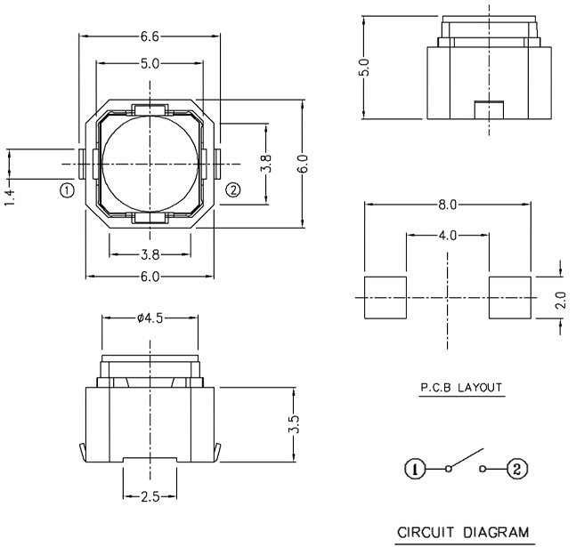 Кнопка тактова SMD 6x6x5-S мм. тиха
